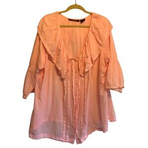 Denim 24/7 Ruffle Collar Blouse 22W Pink Cotton Soft Girl Cottagecore Airy Chic